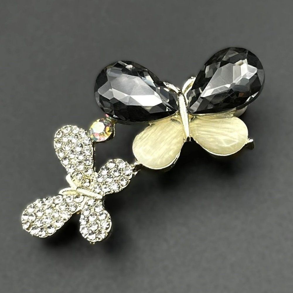 Yellow Gold with Charcoal Gray and Diamond Crystal Butterfly Duo Pin Back Brooch
